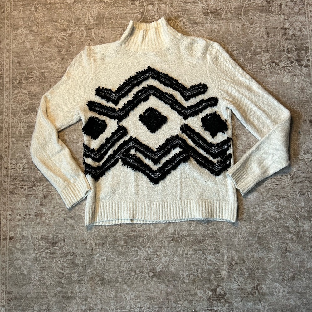 Loft Women's Cream and Black Geometric Aztec Sweater XL